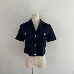 Theory Button Front Top | Navy Seersucker Crop Shirt | Womens Size 6